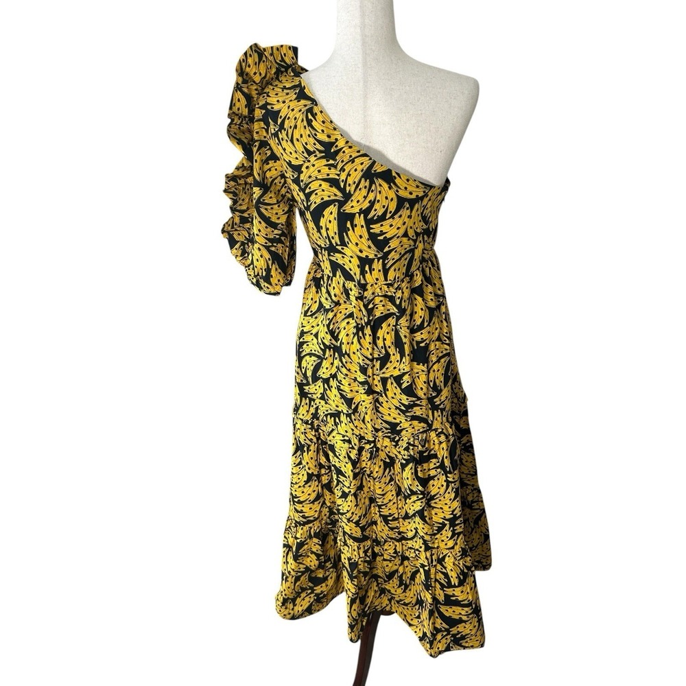 NEW Farm Rio Cotton Poplin One-Shoulder Black Bananas Midi Dress Cotton Medium - Picture 7 of 13